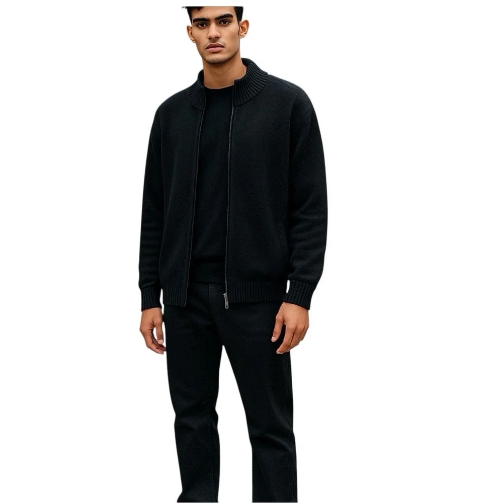 Lands End Cardigan Mens Size Large Navy Full Zip 100% Wool‎ Minimalist Classic